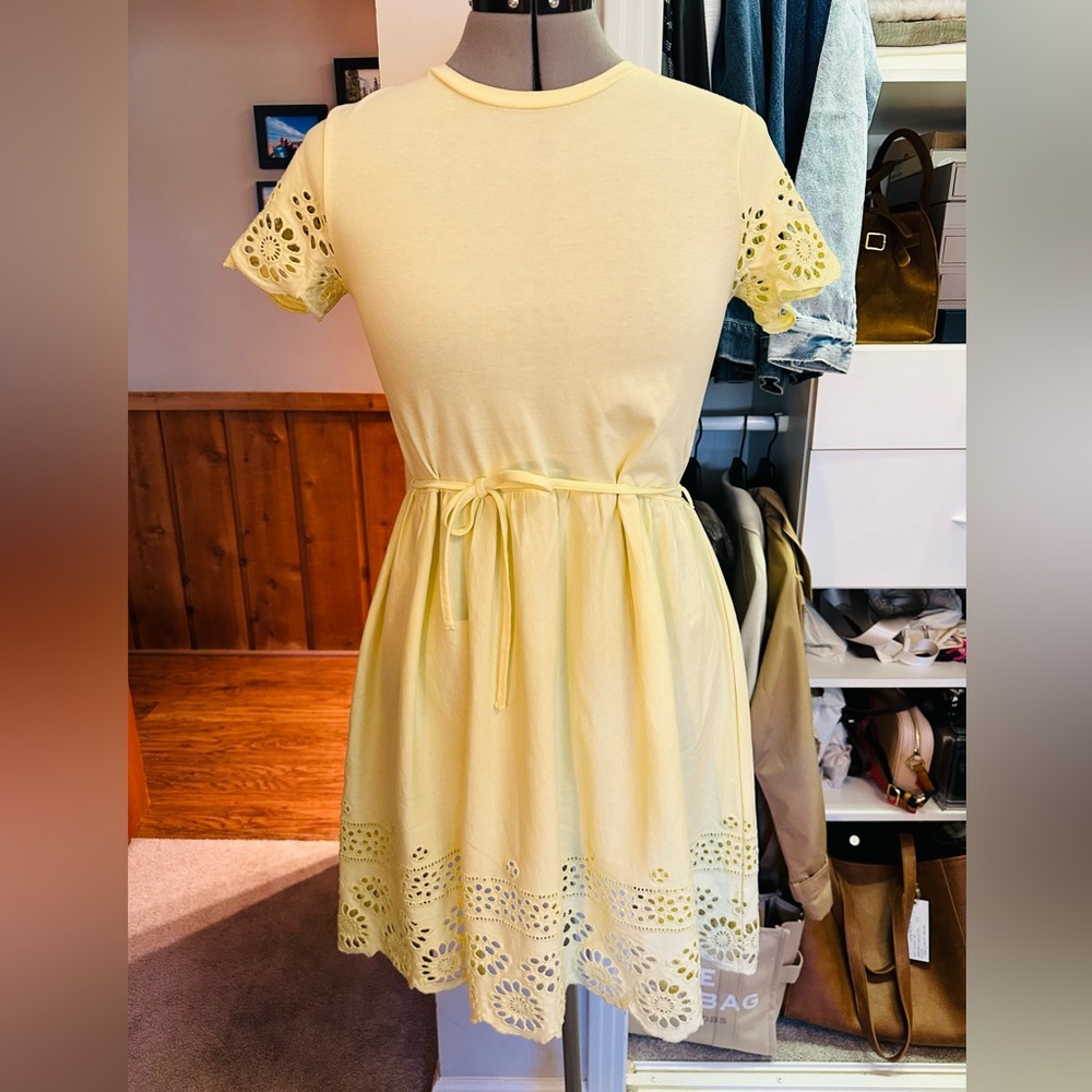 French Connection Yellow Eyelet Dress with Belt